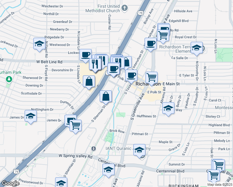 map of restaurants, bars, coffee shops, grocery stores, and more near 300 S Sherman St in Richardson