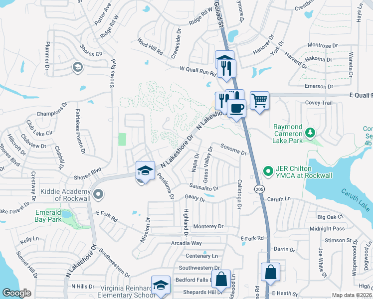 map of restaurants, bars, coffee shops, grocery stores, and more near 510 Presidio Drive in Rockwall