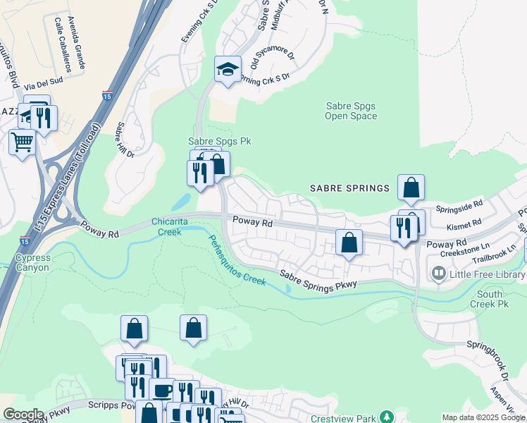 map of restaurants, bars, coffee shops, grocery stores, and more near 12625 Fiorenza Lane in San Diego