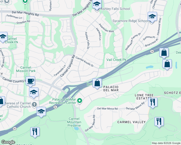 map of restaurants, bars, coffee shops, grocery stores, and more near 4994 Brookburn Drive in San Diego