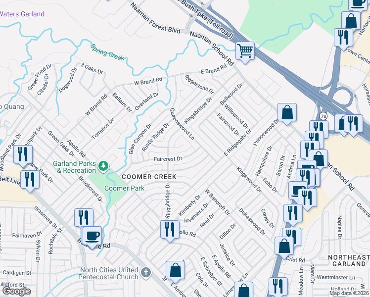 map of restaurants, bars, coffee shops, grocery stores, and more near 209 Bellmeade Dr in Garland