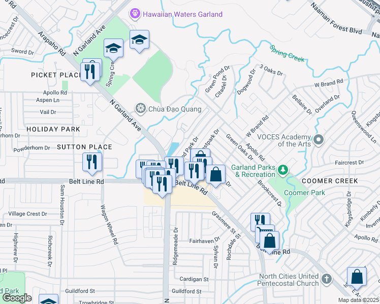 map of restaurants, bars, coffee shops, grocery stores, and more near 1305 Woodland Park Drive in Garland