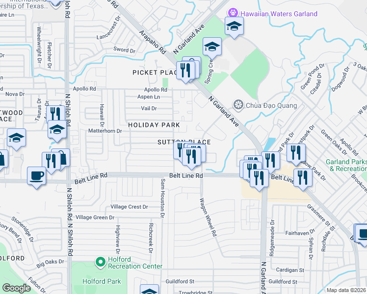 map of restaurants, bars, coffee shops, grocery stores, and more near 1816 Briar Creek Circle in Garland