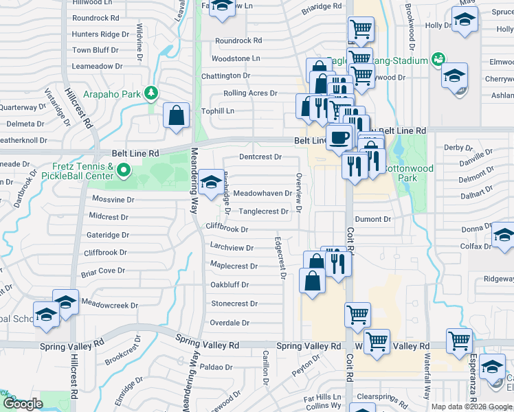 map of restaurants, bars, coffee shops, grocery stores, and more near 7706 Meadowhaven Drive in Dallas