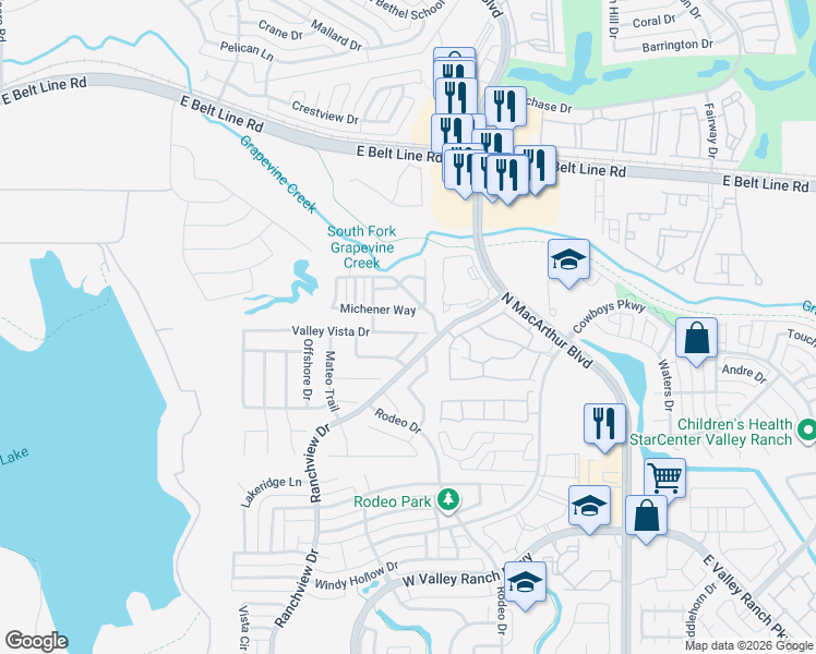map of restaurants, bars, coffee shops, grocery stores, and more near 1100 Hemingway Lane in Irving