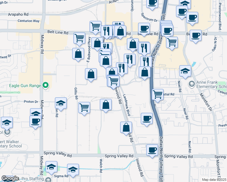 map of restaurants, bars, coffee shops, grocery stores, and more near 14601 Inwood Road in Addison
