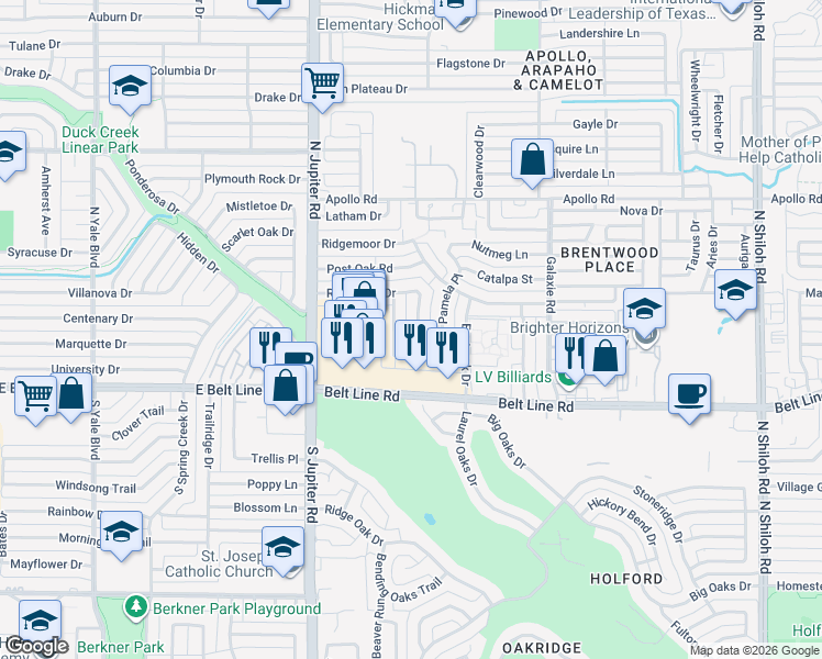 map of restaurants, bars, coffee shops, grocery stores, and more near 3126 Fieldview Drive in Garland