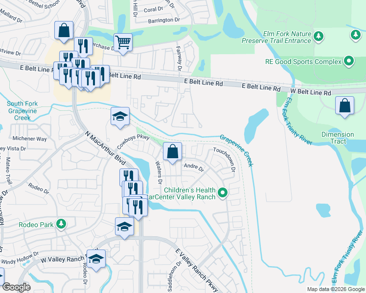 map of restaurants, bars, coffee shops, grocery stores, and more near 10424 Harris Court in Irving