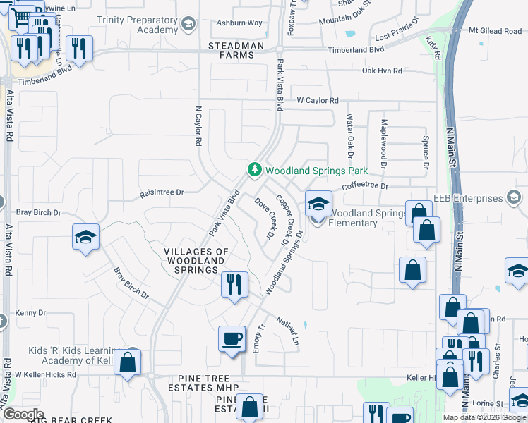map of restaurants, bars, coffee shops, grocery stores, and more near 5216 Dove Creek Drive in Fort Worth