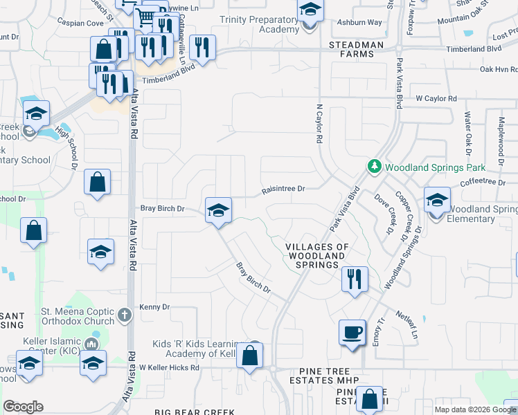 map of restaurants, bars, coffee shops, grocery stores, and more near 5020 Raisintree Drive in Fort Worth