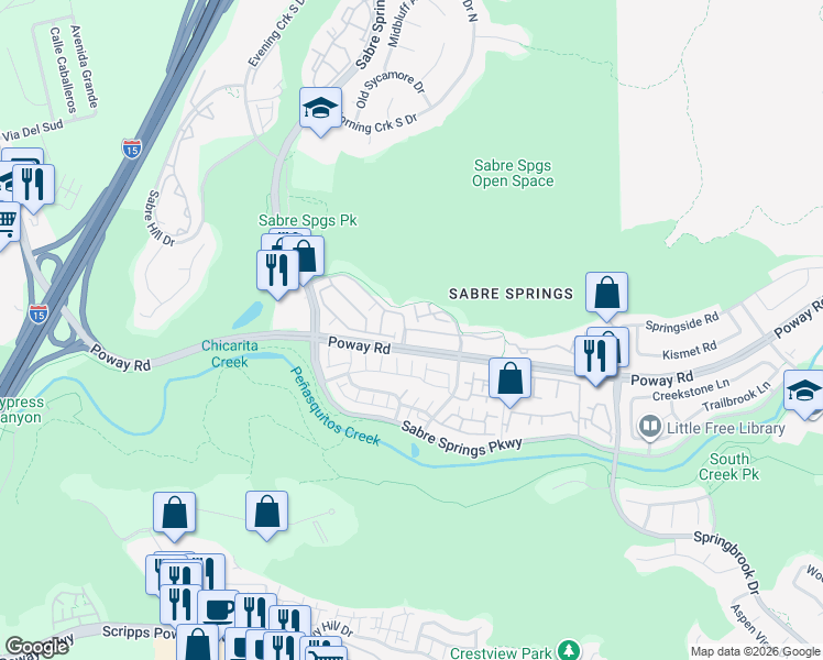map of restaurants, bars, coffee shops, grocery stores, and more near 11007 Catarina Lane in San Diego