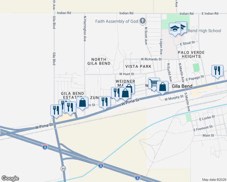 map of restaurants, bars, coffee shops, grocery stores, and more near 208 Dodson Street in Gila Bend