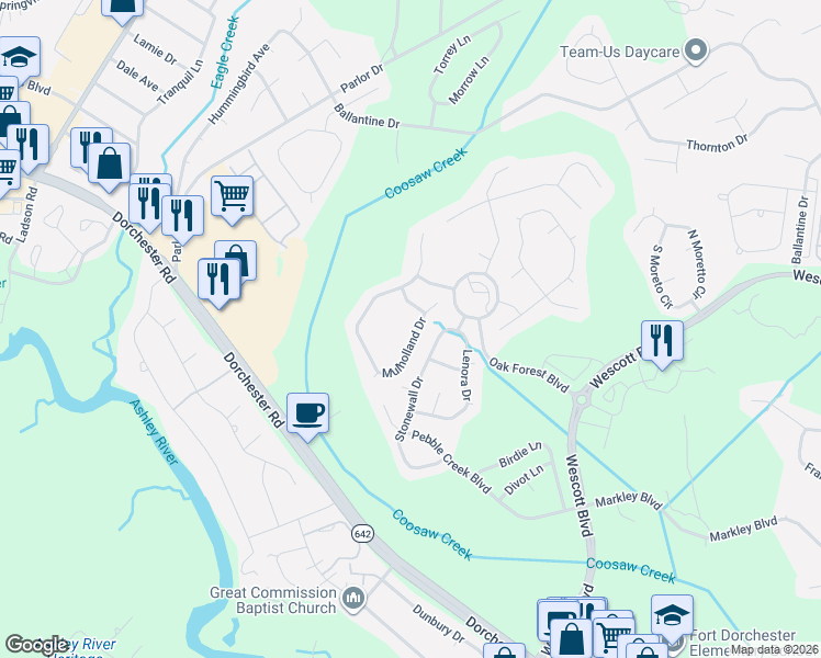 map of restaurants, bars, coffee shops, grocery stores, and more near 5211 Mulholland Drive in Summerville