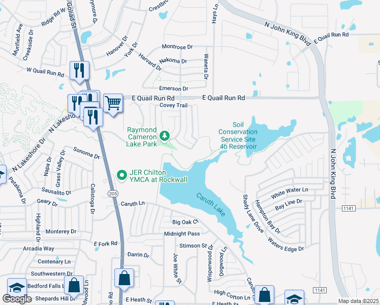 map of restaurants, bars, coffee shops, grocery stores, and more near 611 Lone Rider Court in Rockwall