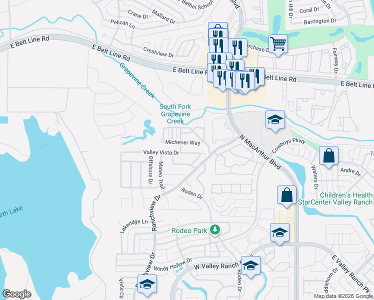 map of restaurants, bars, coffee shops, grocery stores, and more near 1132 Michener Way in Irving