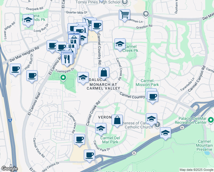 map of restaurants, bars, coffee shops, grocery stores, and more near 12368 Carmel Country Road in San Diego