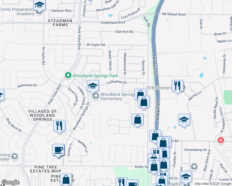 map of restaurants, bars, coffee shops, grocery stores, and more near 5632 Sugar Maple Drive in Keller