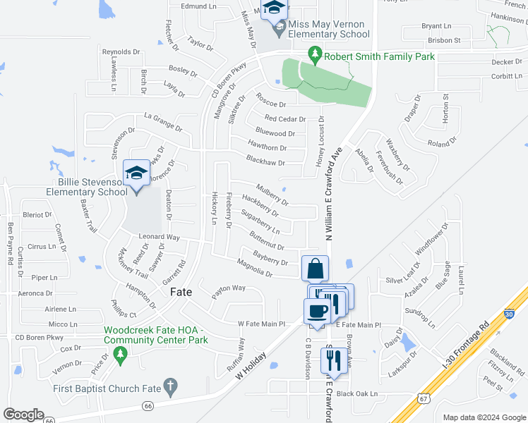 map of restaurants, bars, coffee shops, grocery stores, and more near 421 Hackberry Drive in Rockwall