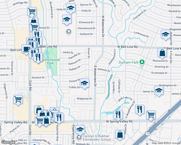 map of restaurants, bars, coffee shops, grocery stores, and more near 500 South Waterview Drive in Richardson