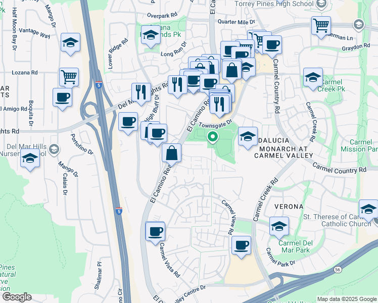 map of restaurants, bars, coffee shops, grocery stores, and more near 12637 El Camino Real in San Diego