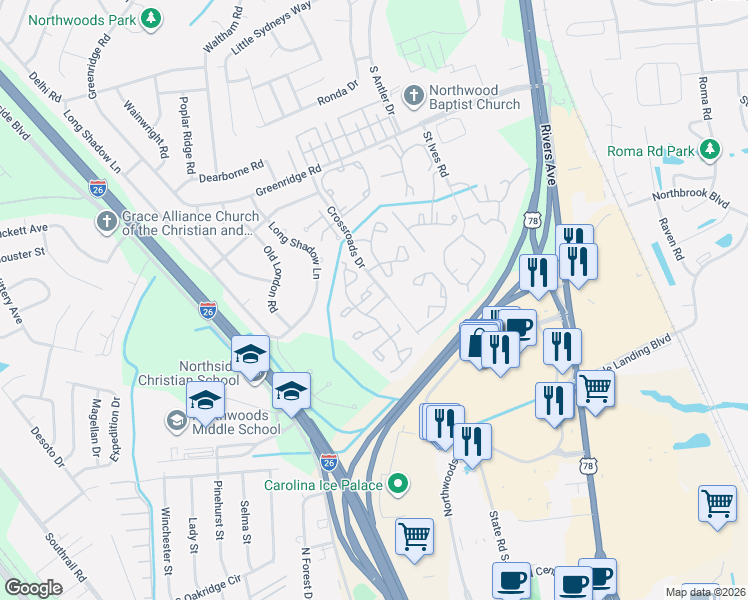 map of restaurants, bars, coffee shops, grocery stores, and more near 8062 Shadow Oak Drive in North Charleston