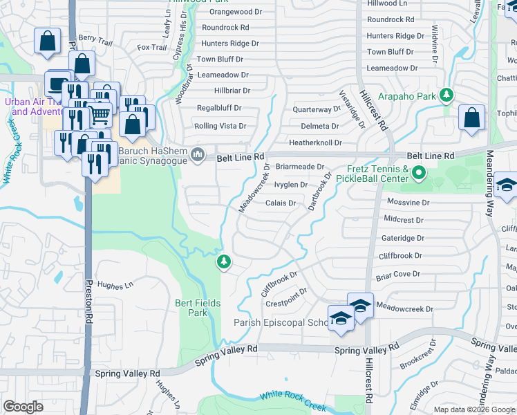 map of restaurants, bars, coffee shops, grocery stores, and more near 6510 Calais Drive in Dallas