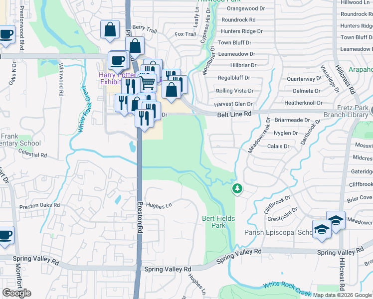 map of restaurants, bars, coffee shops, grocery stores, and more near 6050 Belt Line Rd in Dallas