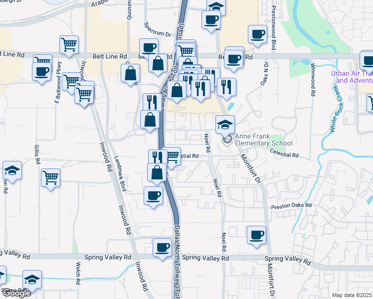 map of restaurants, bars, coffee shops, grocery stores, and more near 22 Celestial Road in Dallas