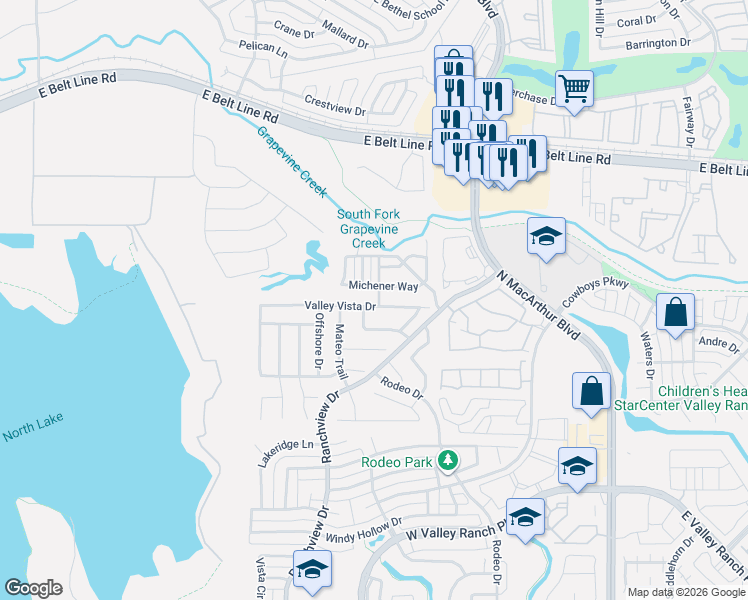 map of restaurants, bars, coffee shops, grocery stores, and more near 1166 Michener Way in Irving