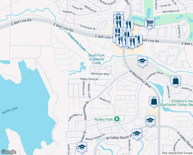 map of restaurants, bars, coffee shops, grocery stores, and more near 1166 Michener Way in Irving