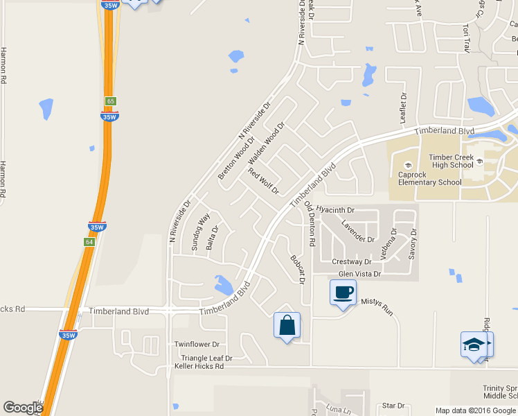 map of restaurants, bars, coffee shops, grocery stores, and more near 2721 Mountain Lion Drive in Fort Worth
