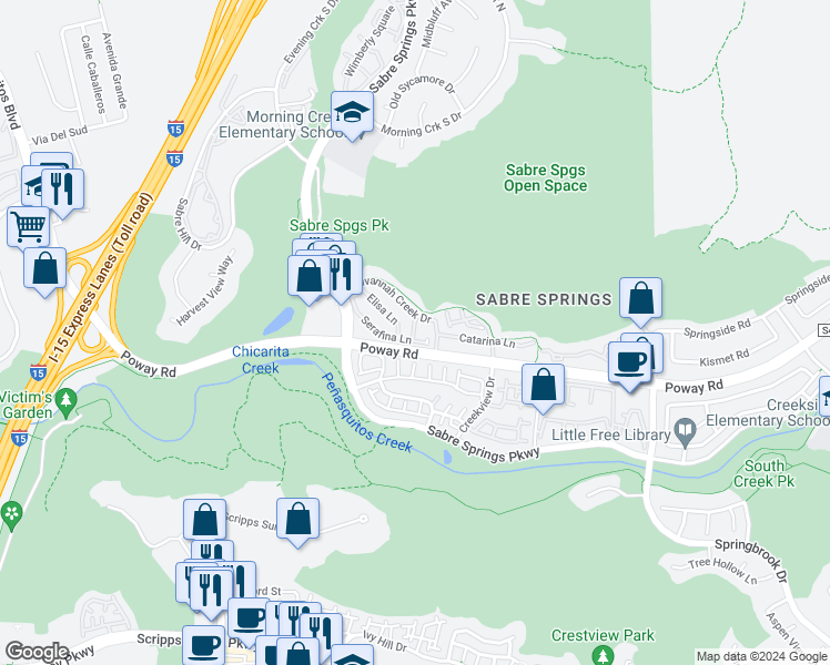 map of restaurants, bars, coffee shops, grocery stores, and more near 10964 Serafina Lane in San Diego