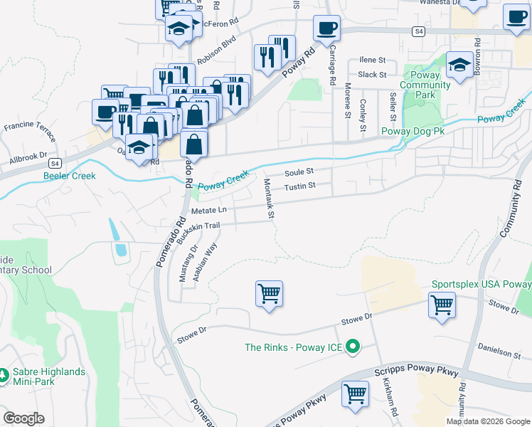 map of restaurants, bars, coffee shops, grocery stores, and more near 12710 Montauk Street in Poway