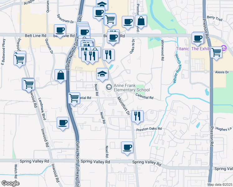 map of restaurants, bars, coffee shops, grocery stores, and more near 14765 Bedivere Court in Dallas