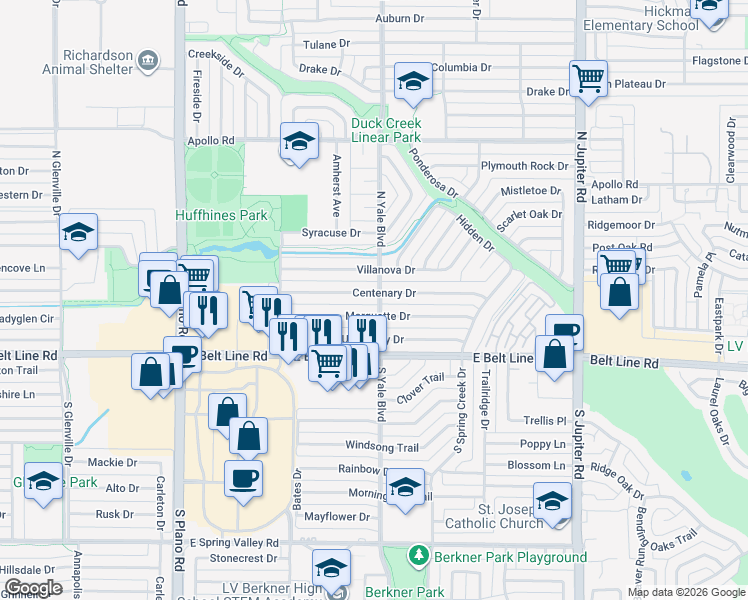 map of restaurants, bars, coffee shops, grocery stores, and more near 1632 Centenary Drive in Richardson