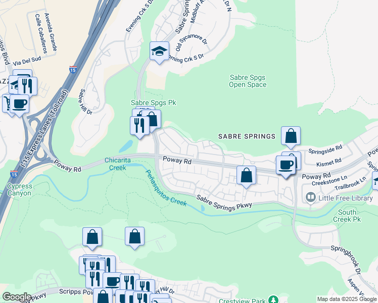 map of restaurants, bars, coffee shops, grocery stores, and more near 12625 Fiorenza Lane in San Diego