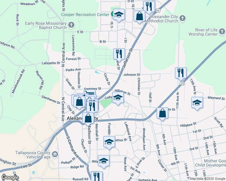 map of restaurants, bars, coffee shops, grocery stores, and more near 416 Hillabee Street in Alexander City