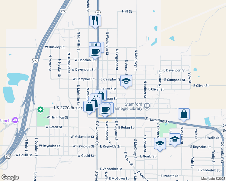 map of restaurants, bars, coffee shops, grocery stores, and more near 210 East Oliver Street in Stamford