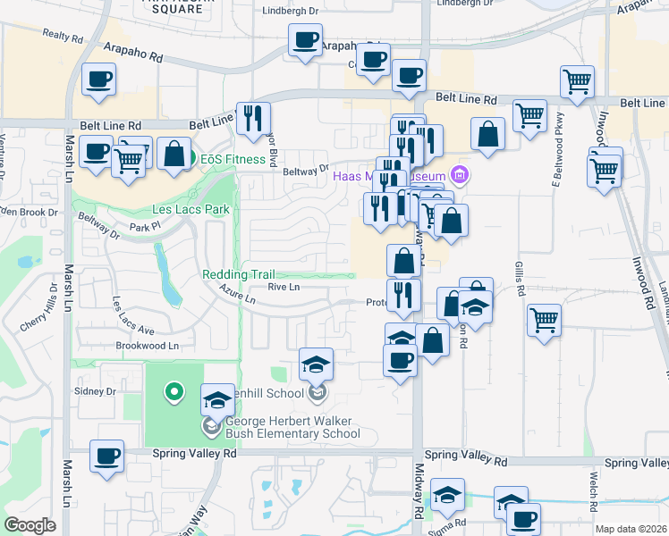 map of restaurants, bars, coffee shops, grocery stores, and more near 4102 Rush Circle in Addison