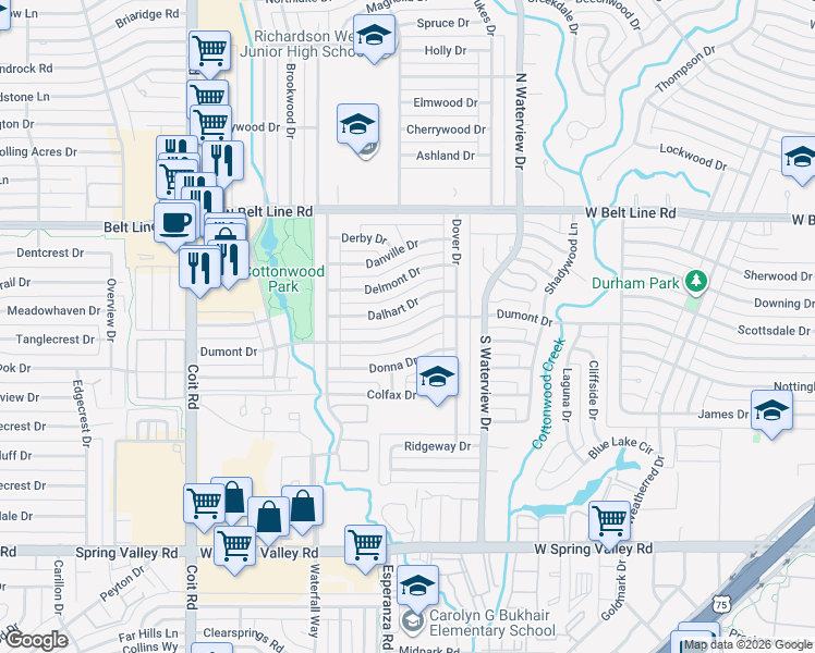 map of restaurants, bars, coffee shops, grocery stores, and more near 1228 Dumont Drive in Richardson