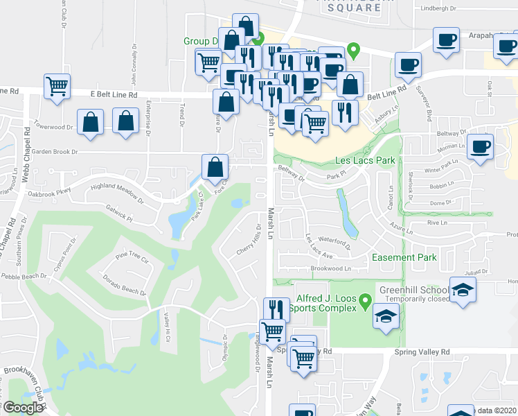 map of restaurants, bars, coffee shops, grocery stores, and more near 14743 Tanglewood Drive in Farmers Branch