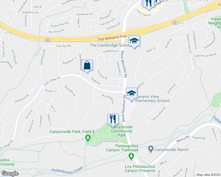 map of restaurants, bars, coffee shops, grocery stores, and more near 12752 Texana Street in San Diego