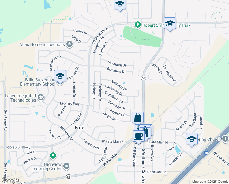 map of restaurants, bars, coffee shops, grocery stores, and more near 423 Hackberry Drive in Rockwall
