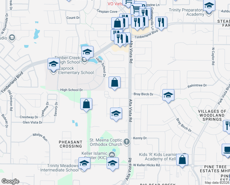 map of restaurants, bars, coffee shops, grocery stores, and more near 11855 Alta Vista Road in Fort Worth