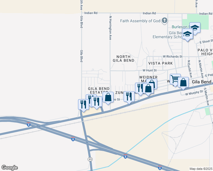map of restaurants, bars, coffee shops, grocery stores, and more near 802 Margaret Street in Gila Bend