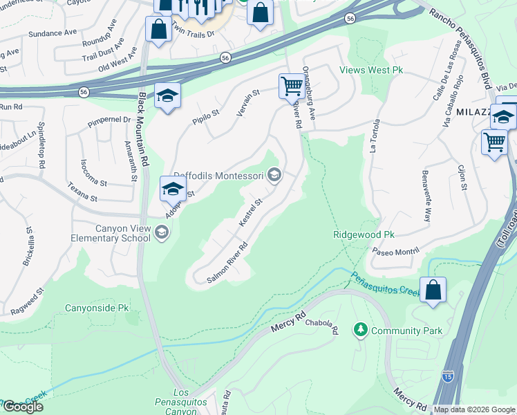 map of restaurants, bars, coffee shops, grocery stores, and more near 12609 Kestrel Street in San Diego