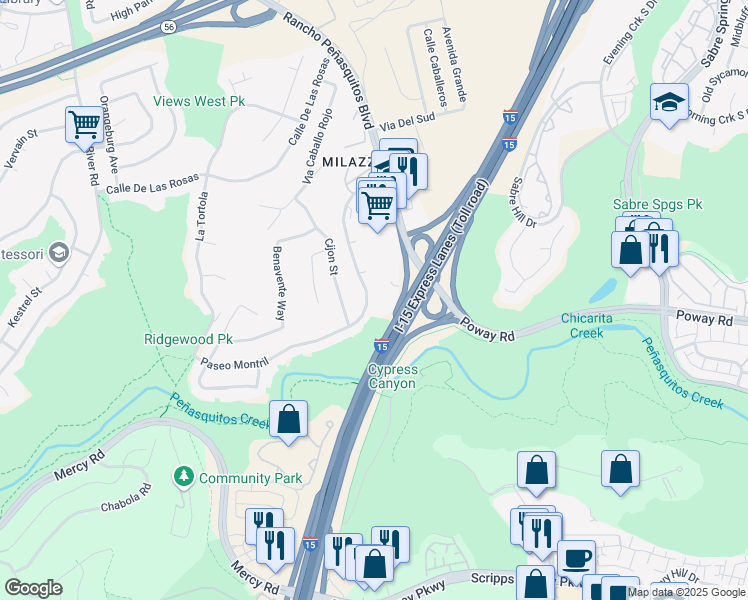 map of restaurants, bars, coffee shops, grocery stores, and more near 9859 Paseo Montril in San Diego