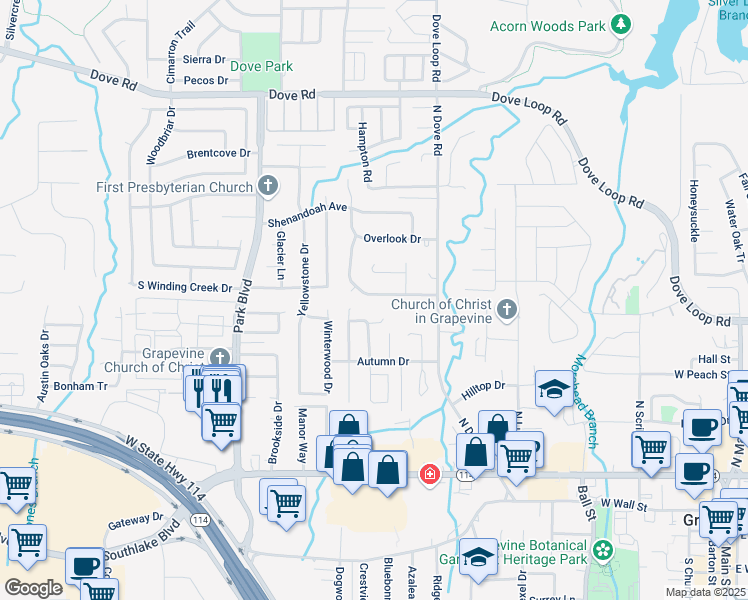 map of restaurants, bars, coffee shops, grocery stores, and more near 1531 Tiffany Forest Lane in Grapevine