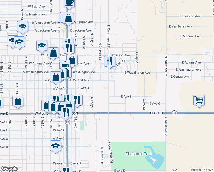map of restaurants, bars, coffee shops, grocery stores, and more near 120 South Commercial Avenue in Lovington
