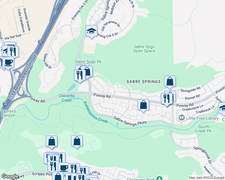 map of restaurants, bars, coffee shops, grocery stores, and more near 12625 Fiorenza Lane in San Diego